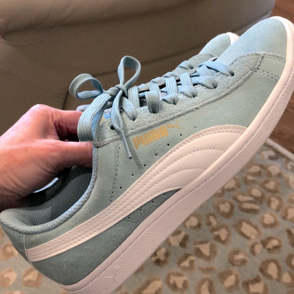 Puma Women's Light Blue Suede Low-Top Sneakers with White Stripe